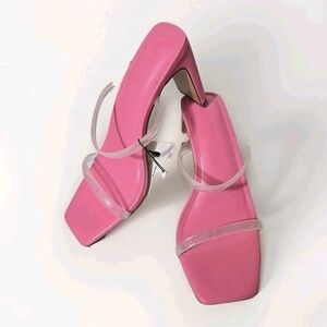 Pink High Heeled Sandals With 3.5" Heel Size 8 Clear Straps
